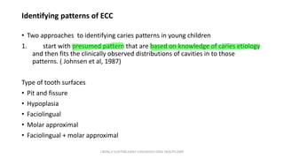 Identifying patterns of ECC
• Two approaches to identifying caries patterns in young children
1. start with presumed pattern that are based on knowledge of caries etiology
and then fits the clinically observed distributions of cavities in to those
patterns. ( Johnsen et al, 1987)
Type of tooth surfaces
• Pit and fissure
• Hypoplasia
• Faciolingual
• Molar approximal
• Faciolingual + molar approximal
J BERG,R SLAYTON,EARLY CHILDHOOD ORAL HEALTH,2009
 