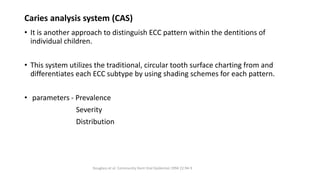 Caries analysis system (CAS)
• It is another approach to distinguish ECC pattern within the dentitions of
individual children.
• This system utilizes the traditional, circular tooth surface charting from and
differentiates each ECC subtype by using shading schemes for each pattern.
• parameters - Prevalence
Severity
Distribution
Douglass et al: Community Dent Oral Epidemiol 1994 22:94-9
 