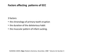 Factors affecting patterns of ECC
3 factors:
• the chronology of primary tooth eruption
• the duration of the deleterious habit
• the muscular pattern of infant sucking.
NURSING CARIES: Ripa: Pediatric Dentistry: December, 1988 ~ Volume 10, Number 4
 