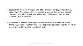 • Because the oral flora averages only 2 to 4 divisions per day and swallowing
occurs every few minutes, it is reasonable to assume that bacteria cannot
maintain themselves in saliva by proliferation, but instead must become
attached to an oral surface.
• S.Mutans has a feeble capacity to become attached to epithelial surfaces.
Therefore, it seemed unlikely that these organisms could colonize the mouth of
a normal infant before the eruption of teeth
J BERG,R SLAYTON,EARLY CHILDHOOD ORAL HEALTH,2009
 