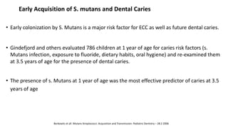 Early Acquisition of S. mutans and Dental Caries
• Early colonization by S. Mutans is a major risk factor for ECC as well as future dental caries.
• Gindefjord and others evaluated 786 children at 1 year of age for caries risk factors (s.
Mutans infection, exposure to fluoride, dietary habits, oral hygiene) and re-examined them
at 3.5 years of age for the presence of dental caries.
• The presence of s. Mutans at 1 year of age was the most effective predictor of caries at 3.5
years of age
Berkowitz et all :Mutans Streptococci: Acquisition and Transmission: Pediatric Dentistry – 28:2 2006
 