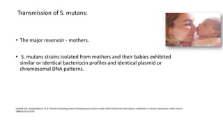 Transmission of S. mutans:
• The major reservoir - mothers.
• S. mutans strains isolated from mothers and their babies exhibited
similar or identical bacteriocin profiles and identical plasmid or
chromosomal DNA patterns.
Caufield PW, Ratanpridakul K, et al. Plasmid-containing strains of Streptococcus mutans cluster within family and racial cohorts: Implication in natural transmission. Infect Immun
1988;56:3216-3220.
 