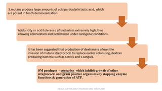 S.mutans produce large amounts of acid particularly lactic acid, which
are potent in tooth demineralization.
Aciduricity or acid tolerance of bacteria is extremely high, thus
allowing colonization and persistence under cariogenic conditions.
It has been suggested that production of dextranase allows the
invasion of mutans streptococci to replace earlier colonizing, dextran
producing bacteria such as s.mitis and s.sanguis.
SM produces – mutacins which inhibit growth of other
streptococci and gram positive organisms by stopping enzyme
functions & generation of ATP.
J BERG,R SLAYTON,EARLY CHILDHOOD ORAL HEALTH,2009
 