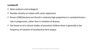 Lactobacilli
▪ Most acidouric and acidogenic
▪ Number directly co-relates with caries experience
▪ Brown (1985)bacteria are found in relatively high proportions in cavitated lesions –
role in progression, rather than in initiation of disease.
▪ Van houte et al In clinical studies of preschool children there is generally a low
frequency of isolation of lactobacillus form plaque
J BERG,R SLAYTON,EARLY CHILDHOOD ORAL HEALTH,2009
 