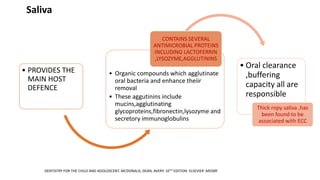Saliva
• PROVIDES THE
MAIN HOST
DEFENCE
• Organic compounds which agglutinate
oral bacteria and enhance theiir
removal
• These aggutinins include
mucins,agglutinating
glycoproteins,fibronectin,lysozyme and
secretory immunoglobulins
CONTAINS SEVERAL
ANTIMICROBIAL PROTEINS
INCLUDING LACTOFERRIN
,LYSOZYME,AGGLUTININS
• Oral clearance
,buffering
capacity all are
responsible
Thick ropy saliva ,has
been found to be
associated with ECC
DENTISTRY FOR THE CHILD AND ADOLOSCENT. MCDONALD, DEAN, AVERY. 10TH EDITION. ELSEVIER .MOSBY
 