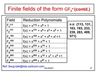 Finite fields of the form  GF 2 n  (contd.) RS-RNSIT n      {113, 131, 163, 193, 233, 239, 283, 409, 571} Ref: Secg-talk@lists.certicom.com Field  Reduction Polynomials F 2 113 f(x) = x 113  + x 9  + 1 F 2 131 f(x) = x 131  + x 8  + x 3  + x 2  + 1 F 2 163 f(x) = x 163  + x 7  + x 6  + x 3  +1 F 2 193 f(x) = x 193  + x 15  + 1 F 2 233 f(x) = x 233  + x 74  + 1 F 2 239 f(x) = x 239  + x 36  + 1 F 2 283 f(x) = x 283  + x 12  + x 7  + x 5  +1 F 2 409 f(x) = x 409  + x 87  + 1 