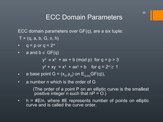 ECC Domain Parameters
ECC domain parameters over GF(q), are a six tuple:
 T = (q, a, b, G, n, h)
• q = p or q = 2m
• a and b ∈ GF(q)
y2
≡ x3
+ ax + b (mod p) for q = p > 3
y2
+ xy = x3
+ ax2
+ b for q = 2m
≥ 1
• a base point G = (xG
,yG
) on E(a,b)(
GF(q)),
• a number n which is the order of G
(The order of a point P on an elliptic curve is the smallest
positive integer n such that nP = O.)
• h = #E/n. where #E represents number of points on elliptic
curve and is called the curve order.
20
 