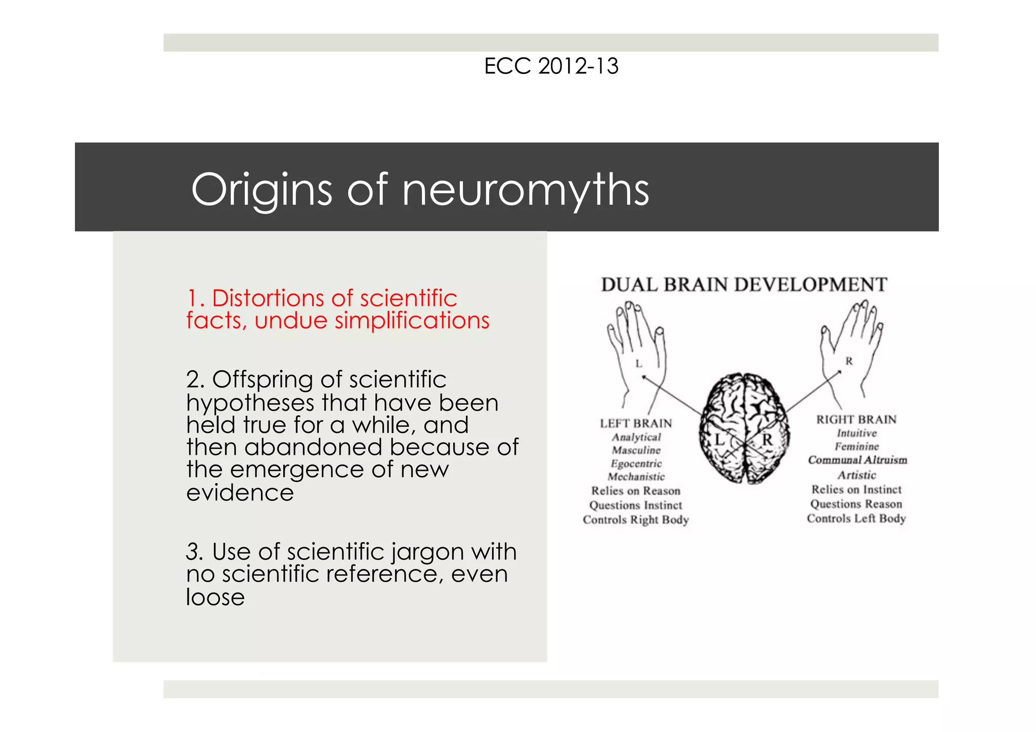 ECC 2012
                                2012-13




Origins of neuromyths

1. Distortions of scientific
facts, undue simplifications

2. Offspring of scientific
hypotheses that have been
held true for a while, and
then abandoned because of
the emergence of new
evidence

3. Use of scientific jargon with
no scientific reference, even
loose
 