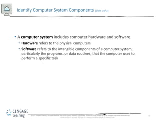 11
• A computer system includes computer hardware and software
• Hardware refers to the physical computers
• Software refe...