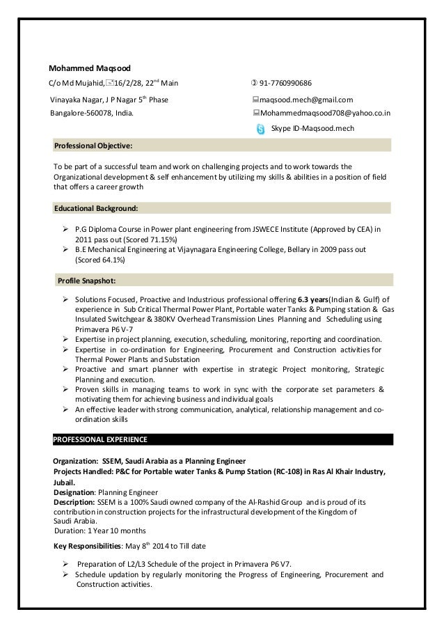 Resume for planning engineer