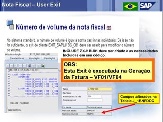 Nota Fiscal – User Exit




                          INCLUDE ZXJ1BU01 deve ser criado e as necessidades
                          Incluidas em seu código.

                          OBS:
                          Esta Exit é executada na Geração
                          da Fatura – VF01/VF04


                                                        Campos alterados na
                                                        Tabela J_1BNFDOC
 