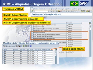 ICMS – Aliquotas ( Origem X Destino )
Transação: J1BTAX

ICMS P/ Origem/Destino
ICMS P/ Origem/Destino e MAterial
ICMS P/ Origem/Destino e Exceções Dinâmicas




                                              ICMS SOBRE FRETE
 