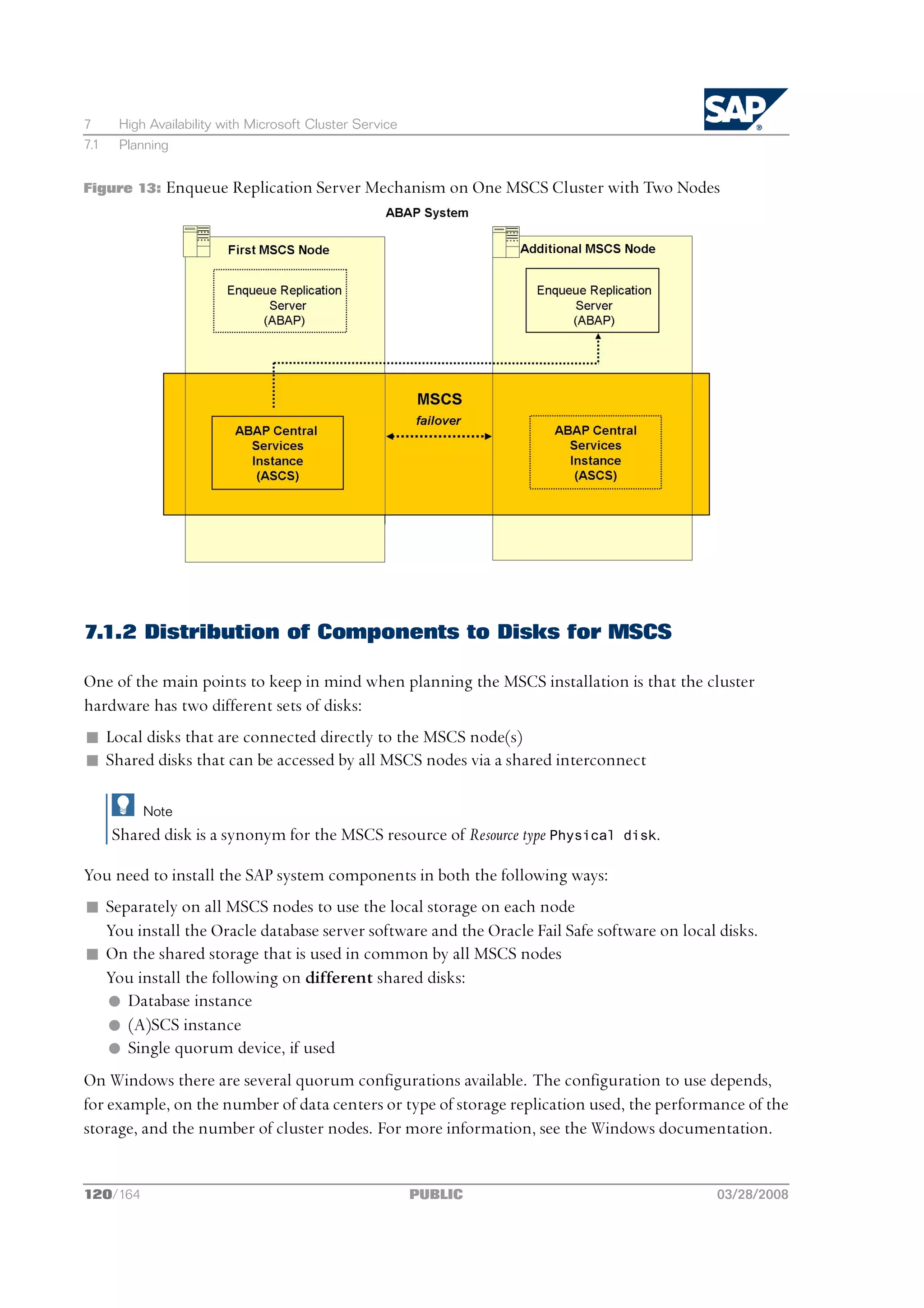 7      High Availability with Microsoft Cluster Service
7.1    Planning


Figure 13:     Enqueue Replication Server Mechanism on One MSCS Cluster with Two Nodes




7.1.2 Distribution of Components to Disks for MSCS

One of the main points to keep in mind when planning the MSCS installation is that the cluster
hardware has two different sets of disks:
n Local disks that are connected directly to the MSCS node(s)
n Shared disks that can be accessed by all MSCS nodes via a shared interconnect

           Note
      Shared disk is a synonym for the MSCS resource of Resource type Physical   disk.

You need to install the SAP system components in both the following ways:
n Separately on all MSCS nodes to use the local storage on each node
  You install the Oracle database server software and the Oracle Fail Safe software on local disks.
n On the shared storage that is used in common by all MSCS nodes
  You install the following on different shared disks:
  l Database instance
  l (A)SCS instance
  l Single quorum device, if used
On Windows there are several quorum configurations available. The configuration to use depends,
for example, on the number of data centers or type of storage replication used, the performance of the
storage, and the number of cluster nodes. For more information, see the Windows documentation.


120/164                                                   PUBLIC                            03/28/2008
 