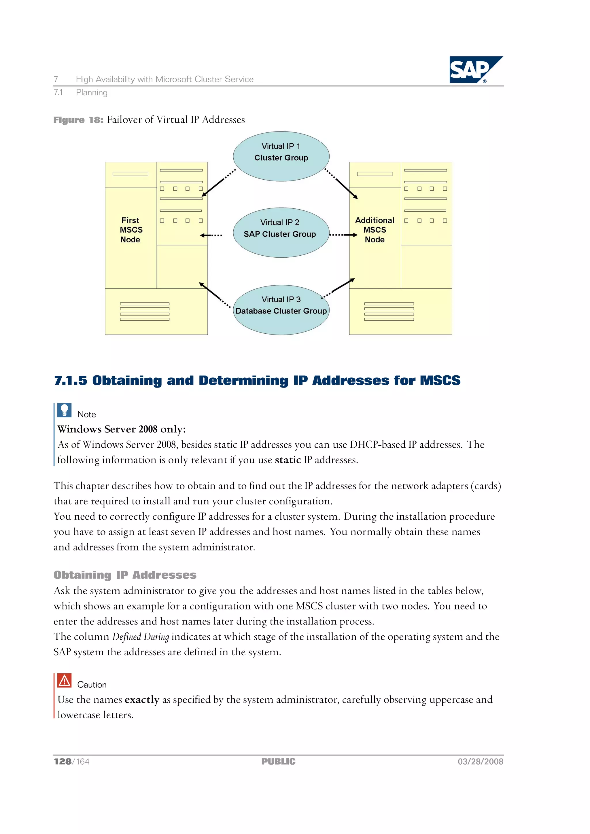 7     High Availability with Microsoft Cluster Service
7.1   Planning


Figure 18:      Failover of Virtual IP Addresses




7.1.5 Obtaining and Determining IP Addresses for MSCS

      Note
 Windows Server 2008 only:
 As of Windows Server 2008, besides static IP addresses you can use DHCP-based IP addresses. The
 following information is only relevant if you use static IP addresses.

This chapter describes how to obtain and to find out the IP addresses for the network adapters (cards)
that are required to install and run your cluster configuration.
You need to correctly configure IP addresses for a cluster system. During the installation procedure
you have to assign at least seven IP addresses and host names. You normally obtain these names
and addresses from the system administrator.

Obtaining IP Addresses
Ask the system administrator to give you the addresses and host names listed in the tables below,
which shows an example for a configuration with one MSCS cluster with two nodes. You need to
enter the addresses and host names later during the installation process.
The column Defined During indicates at which stage of the installation of the operating system and the
SAP system the addresses are defined in the system.

      Caution
 Use the names exactly as specified by the system administrator, carefully observing uppercase and
 lowercase letters.


128/164                                                  PUBLIC                             03/28/2008
 