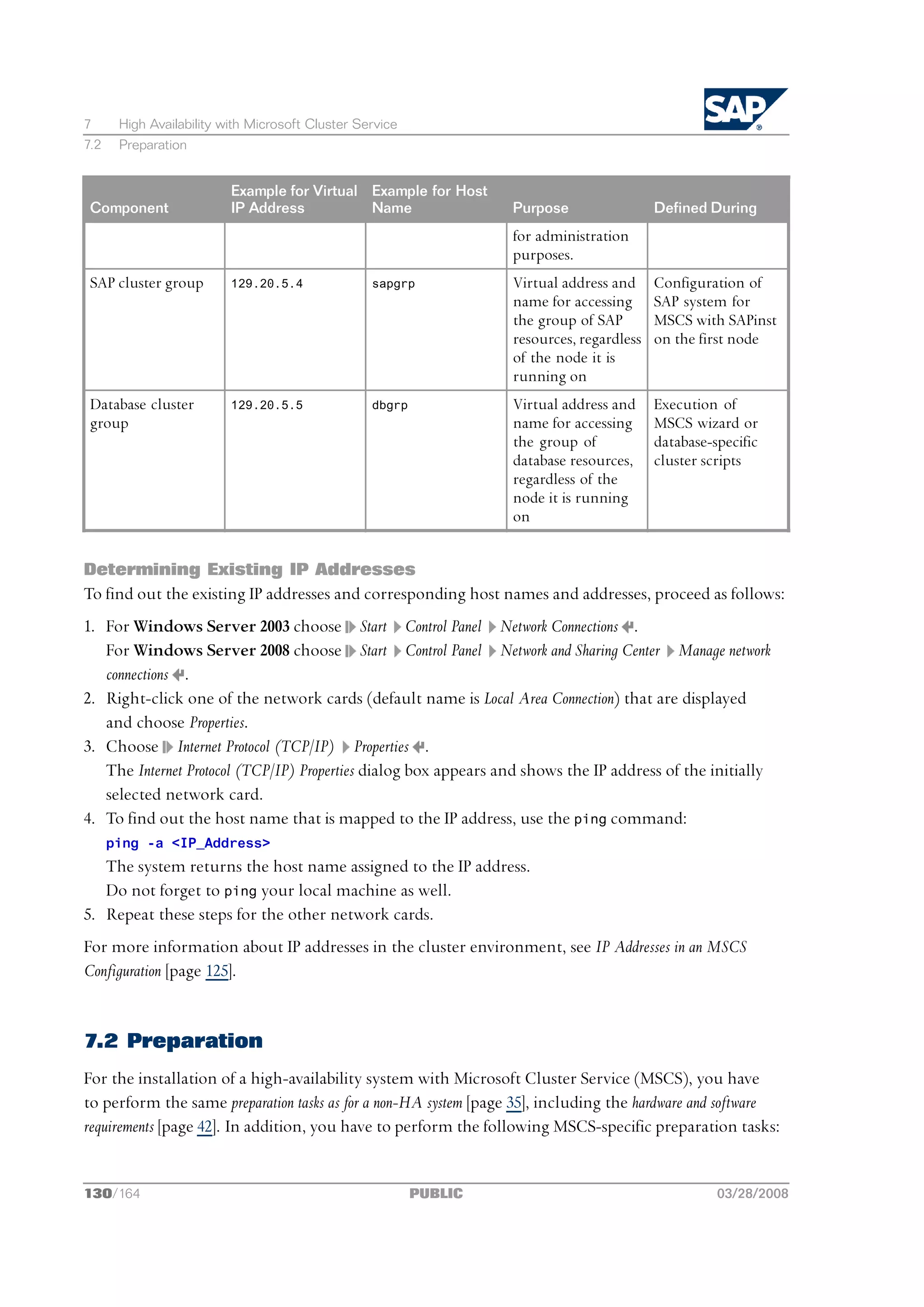 7      High Availability with Microsoft Cluster Service
7.2    Preparation


                          Example for Virtual Example for Host
 Component                IP Address          Name                 Purpose                 Defined During
                                                                   for administration
                                                                   purposes.
 SAP cluster group        129.20.5.4              sapgrp           Virtual address and     Configuration of
                                                                   name for accessing      SAP system for
                                                                   the group of SAP        MSCS with SAPinst
                                                                   resources, regardless   on the first node
                                                                   of the node it is
                                                                   running on
 Database cluster         129.20.5.5              dbgrp            Virtual address and     Execution of
 group                                                             name for accessing      MSCS wizard or
                                                                   the group of            database-specific
                                                                   database resources,     cluster scripts
                                                                   regardless of the
                                                                   node it is running
                                                                   on


Determining Existing IP Addresses
To find out the existing IP addresses and corresponding host names and addresses, proceed as follows:
1. For Windows Server 2003 choose Start Control Panel Network Connections .
   For Windows Server 2008 choose Start Control Panel Network and Sharing Center Manage network
   connections .
2. Right-click one of the network cards (default name is Local Area Connection) that are displayed
   and choose Properties.
3. Choose Internet Protocol (TCP/IP) Properties .
   The Internet Protocol (TCP/IP) Properties dialog box appears and shows the IP address of the initially
   selected network card.
4. To find out the host name that is mapped to the IP address, use the ping command:
      ping -a <IP_Address>
   The system returns the host name assigned to the IP address.
   Do not forget to ping your local machine as well.
5. Repeat these steps for the other network cards.
For more information about IP addresses in the cluster environment, see IP Addresses in an MSCS
Configuration [page 125].


7.2 Preparation
For the installation of a high-availability system with Microsoft Cluster Service (MSCS), you have
to perform the same preparation tasks as for a non-HA system [page 35], including the hardware and software
requirements [page 42]. In addition, you have to perform the following MSCS-specific preparation tasks:


130/164                                                   PUBLIC                                     03/28/2008
 
