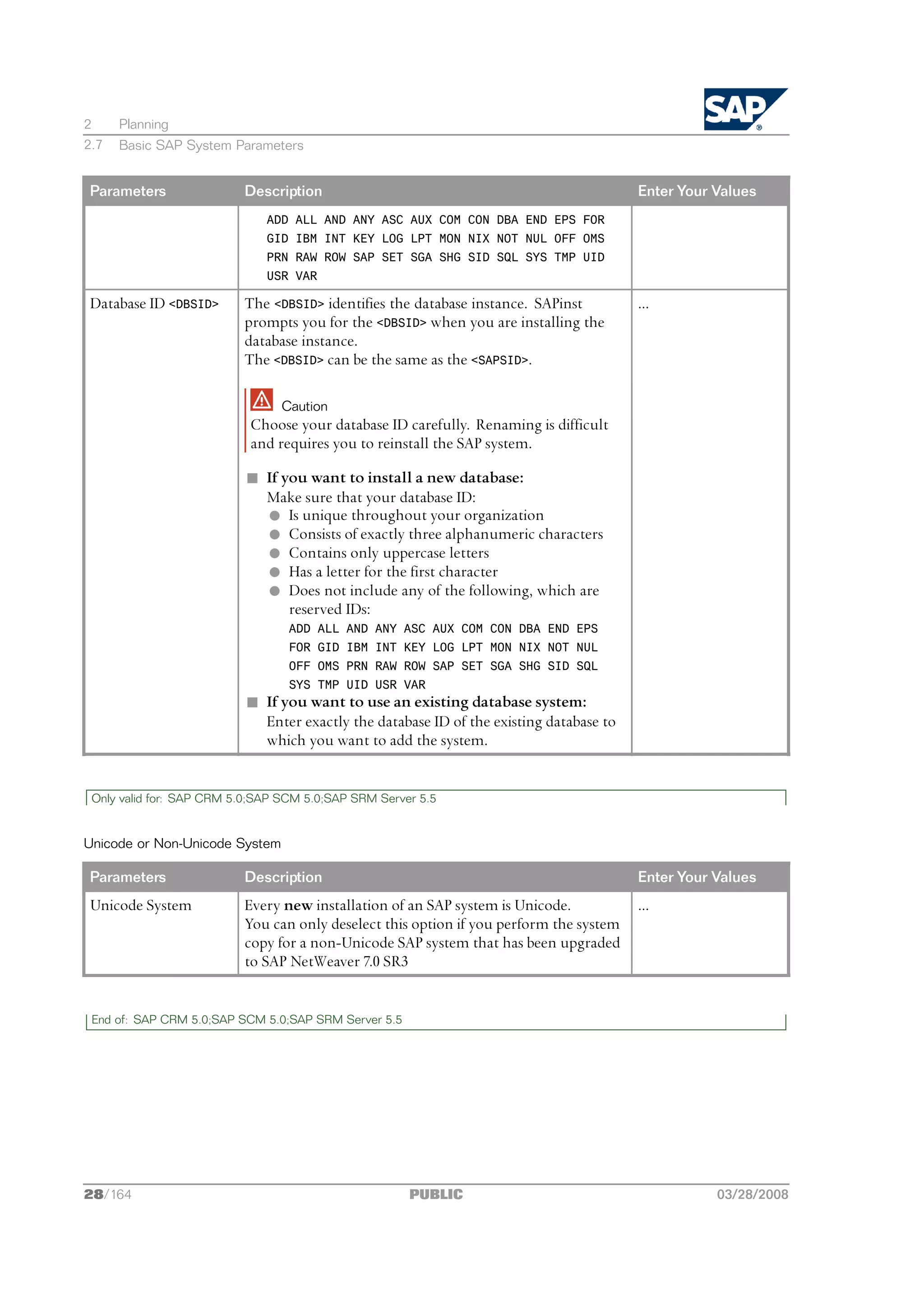 2     Planning
2.7   Basic SAP System Parameters


Parameters                Description                                                    Enter Your Values
                              ADD ALL AND ANY ASC AUX COM CON DBA END EPS FOR
                              GID IBM INT KEY LOG LPT MON NIX NOT NUL OFF OMS
                              PRN RAW ROW SAP SET SGA SHG SID SQL SYS TMP UID
                              USR VAR

Database ID <DBSID>       The <DBSID> identifies the database instance. SAPinst          ...
                          prompts you for the <DBSID> when you are installing the
                          database instance.
                          The <DBSID> can be the same as the <SAPSID>.

                                Caution
                           Choose your database ID carefully. Renaming is difficult
                           and requires you to reinstall the SAP system.

                           n If you want to install a new database:
                             Make sure that your database ID:
                             l Is unique throughout your organization
                             l Consists of exactly three alphanumeric characters
                             l Contains only uppercase letters
                             l Has a letter for the first character
                             l Does not include any of the following, which are
                                 reserved IDs:
                                  ADD ALL AND ANY ASC AUX COM CON DBA END EPS
                                  FOR GID IBM INT KEY LOG LPT MON NIX NOT NUL
                                  OFF OMS PRN RAW ROW SAP SET SGA SHG SID SQL
                                  SYS TMP UID USR VAR
                           n If you want to use an existing database system:
                             Enter exactly the database ID of the existing database to
                             which you want to add the system.


 Only valid for: SAP CRM 5.0;SAP SCM 5.0;SAP SRM Server 5.5


Unicode or Non-Unicode System

Parameters                Description                                                    Enter Your Values
Unicode System            Every new installation of an SAP system is Unicode.            ...
                          You can only deselect this option if you perform the system
                          copy for a non-Unicode SAP system that has been upgraded
                          to SAP NetWeaver 7.0 SR3


 End of: SAP CRM 5.0;SAP SCM 5.0;SAP SRM Server 5.5




28/164                                                PUBLIC                                        03/28/2008
 