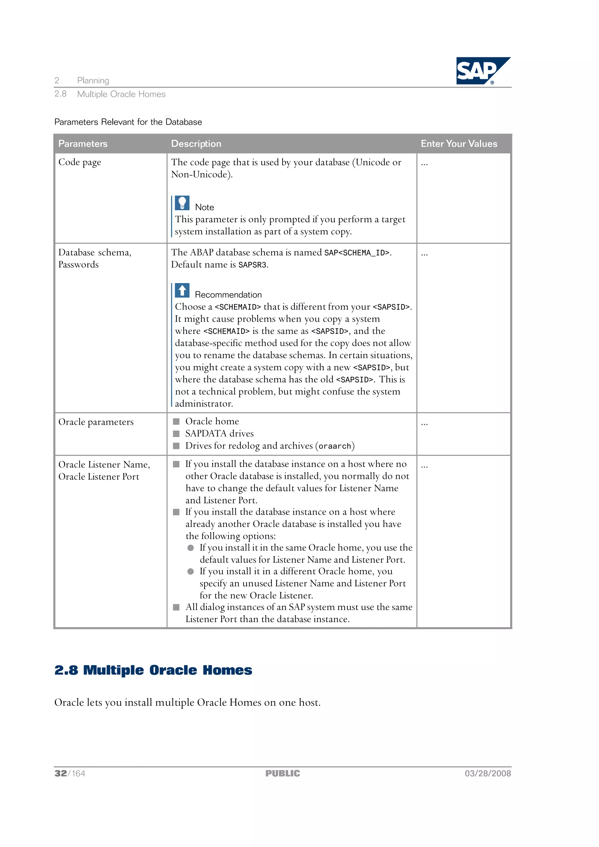 2     Planning
2.8   Multiple Oracle Homes


Parameters Relevant for the Database

Parameters                    Description                                                  Enter Your Values
Code page                     The code page that is used by your database (Unicode or      ...
                              Non-Unicode).

                                   Note
                              This parameter is only prompted if you perform a target
                              system installation as part of a system copy.
Database schema,              The ABAP database schema is named SAP<SCHEMA_ID>.            ...
Passwords                     Default name is SAPSR3.

                                   Recommendation
                              Choose a <SCHEMAID> that is different from your <SAPSID>.
                              It might cause problems when you copy a system
                              where <SCHEMAID> is the same as <SAPSID>, and the
                              database-specific method used for the copy does not allow
                              you to rename the database schemas. In certain situations,
                              you might create a system copy with a new <SAPSID>, but
                              where the database schema has the old <SAPSID>. This is
                              not a technical problem, but might confuse the system
                              administrator.
Oracle parameters             n Oracle home                                                ...
                              n SAPDATA drives
                              n Drives for redolog and archives (oraarch)
Oracle Listener Name,         n If you install the database instance on a host where no ...
Oracle Listener Port            other Oracle database is installed, you normally do not
                                have to change the default values for Listener Name
                                and Listener Port.
                              n If you install the database instance on a host where
                                already another Oracle database is installed you have
                                the following options:
                                l If you install it in the same Oracle home, you use the
                                    default values for Listener Name and Listener Port.
                                l If you install it in a different Oracle home, you
                                    specify an unused Listener Name and Listener Port
                                    for the new Oracle Listener.
                              n All dialog instances of an SAP system must use the same
                                Listener Port than the database instance.



2.8 Multiple Oracle Homes

Oracle lets you install multiple Oracle Homes on one host.




32/164                                              PUBLIC                                          03/28/2008
 