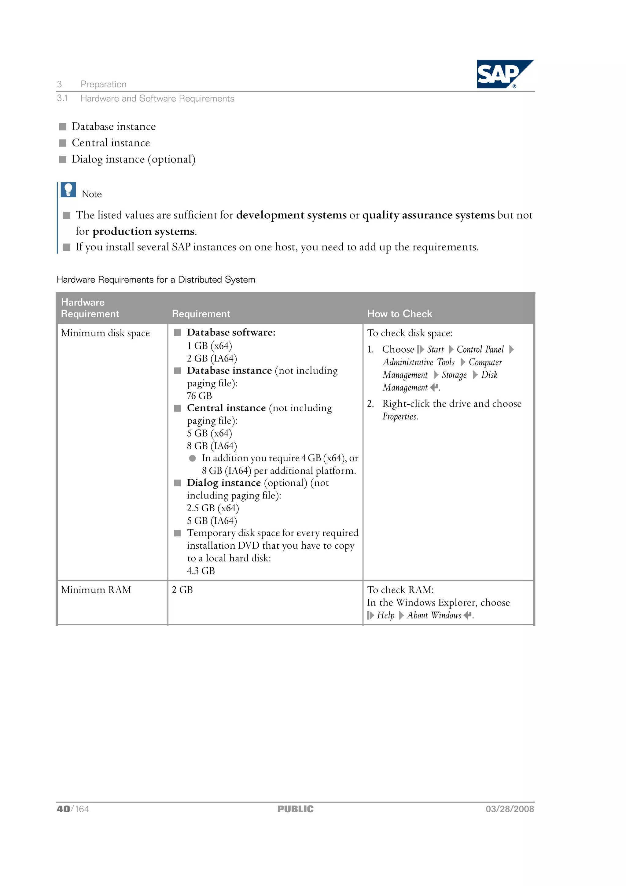 3     Preparation
3.1   Hardware and Software Requirements


n Database instance
n Central instance
n Dialog instance (optional)

      Note

 n The listed values are sufficient for development systems or quality assurance systems but not
   for production systems.
 n If you install several SAP instances on one host, you need to add up the requirements.

Hardware Requirements for a Distributed System

 Hardware
 Requirement              Requirement                                How to Check
 Minimum disk space       n Database software:                       To check disk space:
                            1 GB (x64)                               1. Choose Start Control Panel
                            2 GB (IA64)                                 Administrative Tools Computer
                          n Database instance (not including            Management Storage Disk
                            paging file):                               Management .
                            76 GB
                          n Central instance (not including          2. Right-click the drive and choose
                            paging file):                               Properties.
                            5 GB (x64)
                            8 GB (IA64)
                            l In addition you require 4 GB (x64), or
                                8 GB (IA64) per additional platform.
                          n Dialog instance (optional) (not
                            including paging file):
                            2.5 GB (x64)
                            5 GB (IA64)
                          n Temporary disk space for every required
                            installation DVD that you have to copy
                            to a local hard disk:
                            4.3 GB
 Minimum RAM              2 GB                                       To check RAM:
                                                                     In the Windows Explorer, choose
                                                                       Help About Windows .




40/164                                           PUBLIC                                        03/28/2008
 