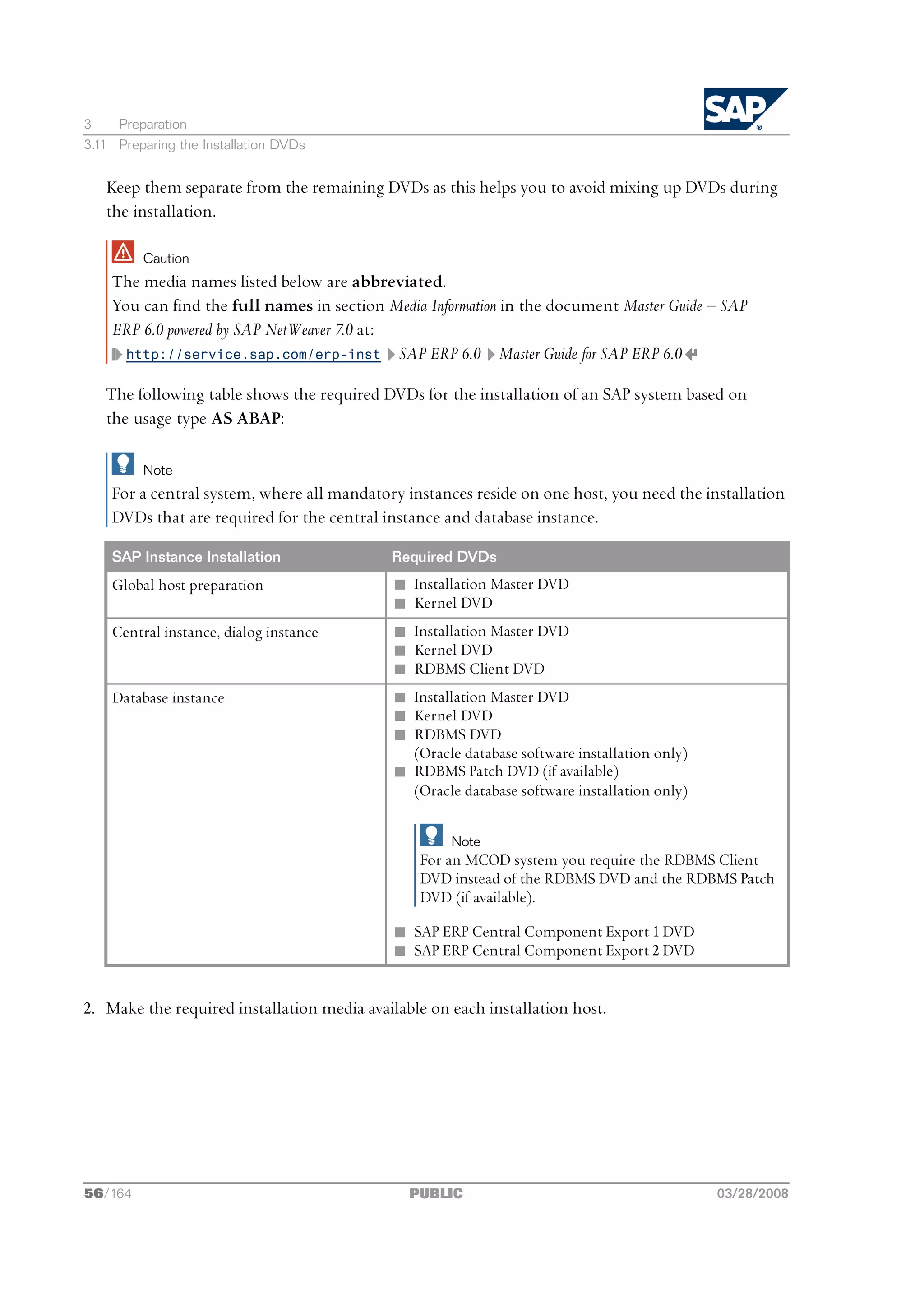 3    Preparation
3.11 Preparing the Installation DVDs


   Keep them separate from the remaining DVDs as this helps you to avoid mixing up DVDs during
   the installation.

         Caution
    The media names listed below are abbreviated.
    You can find the full names in section Media Information in the document Master Guide ‒ SAP
    ERP 6.0 powered by SAP NetWeaver 7.0 at:
      http://service.sap.com/erp-inst SAP ERP 6.0 Master Guide for SAP ERP 6.0

   The following table shows the required DVDs for the installation of an SAP system based on
   the usage type AS ABAP:

         Note
    For a central system, where all mandatory instances reside on one host, you need the installation
    DVDs that are required for the central instance and database instance.

    SAP Instance Installation               Required DVDs
    Global host preparation                  n Installation Master DVD
                                             n Kernel DVD
    Central instance, dialog instance        n Installation Master DVD
                                             n Kernel DVD
                                             n RDBMS Client DVD
    Database instance                        n Installation Master DVD
                                             n Kernel DVD
                                             n RDBMS DVD
                                               (Oracle database software installation only)
                                             n RDBMS Patch DVD (if available)
                                               (Oracle database software installation only)

                                                      Note
                                                 For an MCOD system you require the RDBMS Client
                                                 DVD instead of the RDBMS DVD and the RDBMS Patch
                                                 DVD (if available).

                                             n SAP ERP Central Component Export 1 DVD
                                             n SAP ERP Central Component Export 2 DVD


2. Make the required installation media available on each installation host.




56/164                                         PUBLIC                                         03/28/2008
 