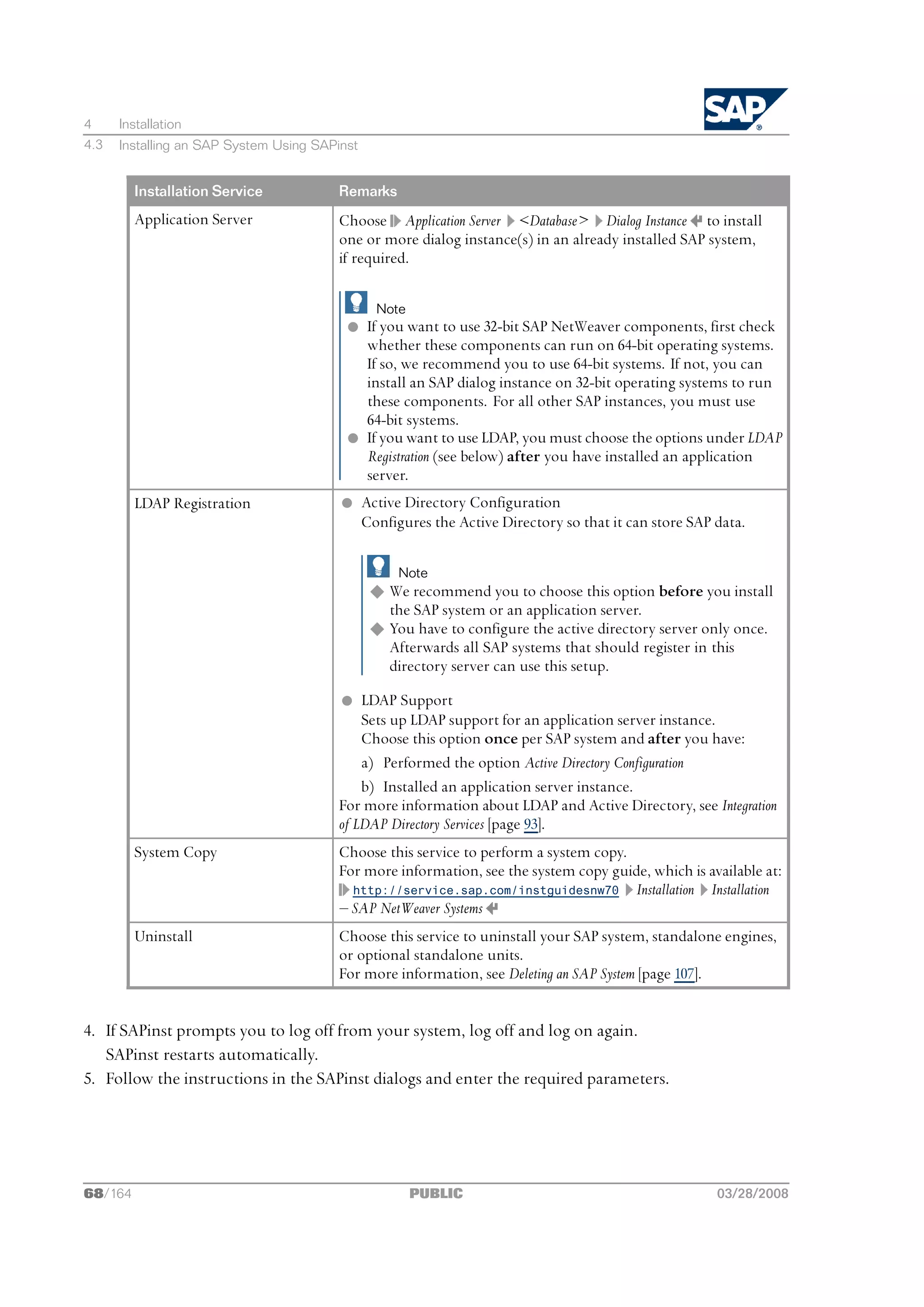 4     Installation
4.3   Installing an SAP System Using SAPinst


         Installation Service           Remarks
         Application Server             Choose Application Server <Database> Dialog Instance to install
                                        one or more dialog instance(s) in an already installed SAP system,
                                        if required.

                                                Note
                                          l If you want to use 32-bit SAP NetWeaver components, first check
                                            whether these components can run on 64-bit operating systems.
                                            If so, we recommend you to use 64-bit systems. If not, you can
                                            install an SAP dialog instance on 32-bit operating systems to run
                                            these components. For all other SAP instances, you must use
                                            64-bit systems.
                                          l If you want to use LDAP, you must choose the options under LDAP
                                            Registration (see below) after you have installed an application
                                            server.
         LDAP Registration               l Active Directory Configuration
                                           Configures the Active Directory so that it can store SAP data.

                                                   Note
                                               u We recommend you to choose this option before you install
                                                 the SAP system or an application server.
                                               u You have to configure the active directory server only once.
                                                 Afterwards all SAP systems that should register in this
                                                 directory server can use this setup.

                                        l LDAP Support
                                            Sets up LDAP support for an application server instance.
                                            Choose this option once per SAP system and after you have:
                                            a) Performed the option Active Directory Configuration
                                            b) Installed an application server instance.
                                        For more information about LDAP and Active Directory, see Integration
                                        of LDAP Directory Services [page 93].
         System Copy                    Choose this service to perform a system copy.
                                        For more information, see the system copy guide, which is available at:
                                          http://service.sap.com/instguidesnw70 Installation Installation
                                        ‒ SAP NetWeaver Systems
         Uninstall                      Choose this service to uninstall your SAP system, standalone engines,
                                        or optional standalone units.
                                        For more information, see Deleting an SAP System [page 107].


4. If SAPinst prompts you to log off from your system, log off and log on again.
   SAPinst restarts automatically.
5. Follow the instructions in the SAPinst dialogs and enter the required parameters.




68/164                                                 PUBLIC                                       03/28/2008
 
