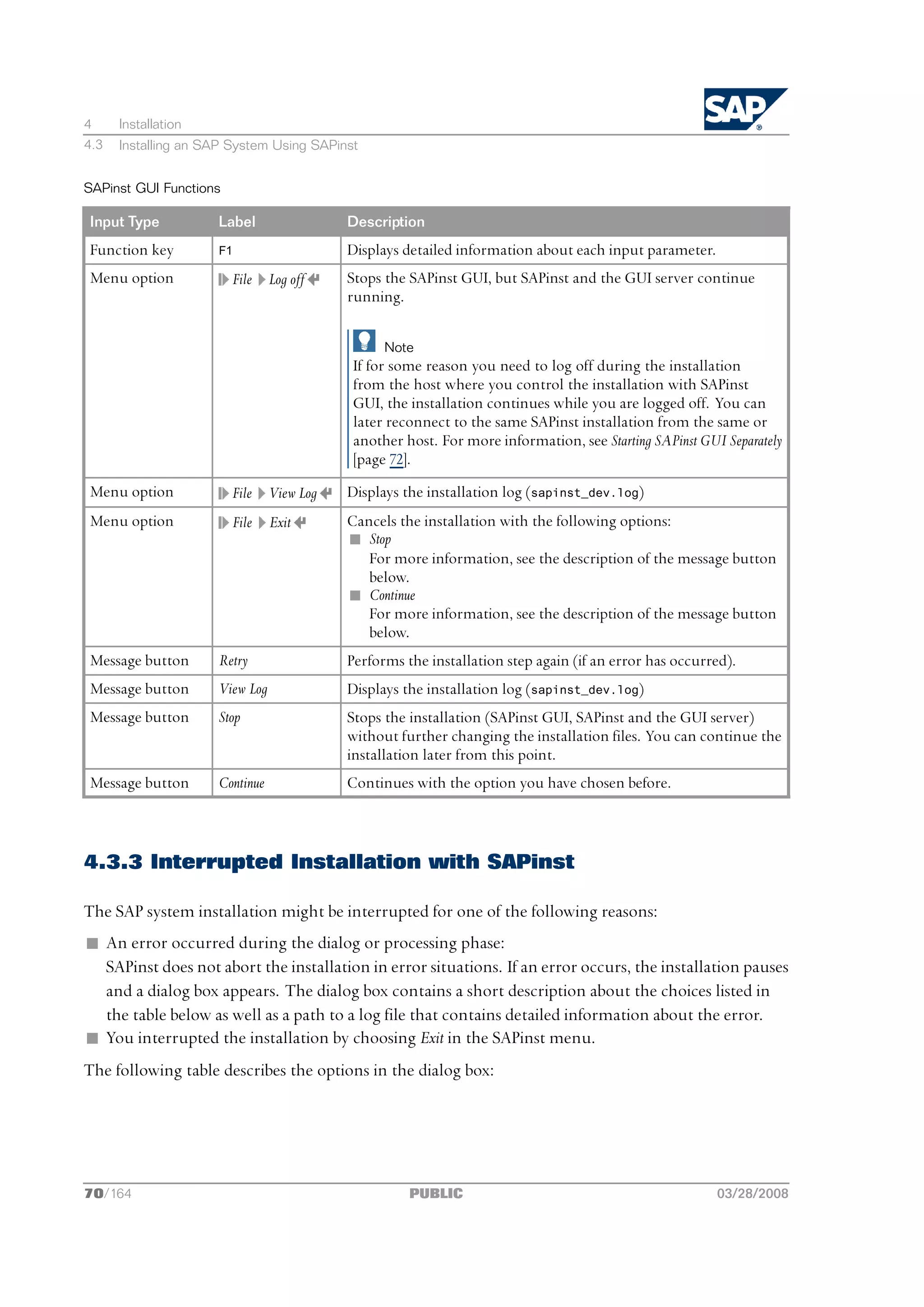 4     Installation
4.3   Installing an SAP System Using SAPinst


SAPinst GUI Functions

Input Type           Label                Description
Function key         F1                   Displays detailed information about each input parameter.
Menu option             File Log off      Stops the SAPinst GUI, but SAPinst and the GUI server continue
                                          running.

                                                Note
                                           If for some reason you need to log off during the installation
                                           from the host where you control the installation with SAPinst
                                           GUI, the installation continues while you are logged off. You can
                                           later reconnect to the same SAPinst installation from the same or
                                           another host. For more information, see Starting SAPinst GUI Separately
                                           [page 72].
Menu option             File View Log     Displays the installation log (sapinst_dev.log)
Menu option             File    Exit      Cancels the installation with the following options:
                                          n Stop
                                             For more information, see the description of the message button
                                             below.
                                          n Continue
                                             For more information, see the description of the message button
                                             below.
Message button       Retry                Performs the installation step again (if an error has occurred).
Message button       View Log             Displays the installation log (sapinst_dev.log)
Message button       Stop                 Stops the installation (SAPinst GUI, SAPinst and the GUI server)
                                          without further changing the installation files. You can continue the
                                          installation later from this point.
Message button       Continue             Continues with the option you have chosen before.



4.3.3 Interrupted Installation with SAPinst

The SAP system installation might be interrupted for one of the following reasons:
n An error occurred during the dialog or processing phase:
  SAPinst does not abort the installation in error situations. If an error occurs, the installation pauses
  and a dialog box appears. The dialog box contains a short description about the choices listed in
  the table below as well as a path to a log file that contains detailed information about the error.
n You interrupted the installation by choosing Exit in the SAPinst menu.
The following table describes the options in the dialog box:




70/164                                              PUBLIC                                             03/28/2008
 