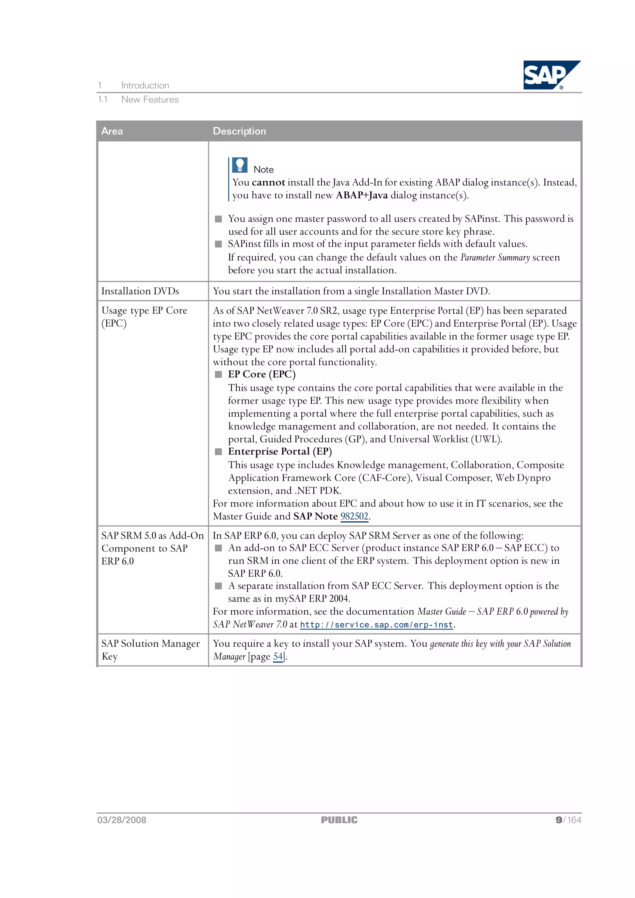 1     Introduction
1.1   New Features


 Area                    Description


                                   Note
                             You cannot install the Java Add-In for existing ABAP dialog instance(s). Instead,
                             you have to install new ABAP+Java dialog instance(s).

                         n You assign one master password to all users created by SAPinst. This password is
                           used for all user accounts and for the secure store key phrase.
                         n SAPinst fills in most of the input parameter fields with default values.
                           If required, you can change the default values on the Parameter Summary screen
                           before you start the actual installation.
 Installation DVDs       You start the installation from a single Installation Master DVD.
 Usage type EP Core      As of SAP NetWeaver 7.0 SR2, usage type Enterprise Portal (EP) has been separated
 (EPC)                   into two closely related usage types: EP Core (EPC) and Enterprise Portal (EP). Usage
                         type EPC provides the core portal capabilities available in the former usage type EP.
                         Usage type EP now includes all portal add-on capabilities it provided before, but
                         without the core portal functionality.
                         n EP Core (EPC)
                             This usage type contains the core portal capabilities that were available in the
                             former usage type EP. This new usage type provides more flexibility when
                             implementing a portal where the full enterprise portal capabilities, such as
                             knowledge management and collaboration, are not needed. It contains the
                             portal, Guided Procedures (GP), and Universal Worklist (UWL).
                         n Enterprise Portal (EP)
                             This usage type includes Knowledge management, Collaboration, Composite
                             Application Framework Core (CAF-Core), Visual Composer, Web Dynpro
                             extension, and .NET PDK.
                         For more information about EPC and about how to use it in IT scenarios, see the
                         Master Guide and SAP Note 982502.
 SAP SRM 5.0 as Add-On In SAP ERP 6.0, you can deploy SAP SRM Server as one of the following:
 Component to SAP      n An add-on to SAP ECC Server (product instance SAP ERP 6.0 ‒ SAP ECC) to
 ERP 6.0                   run SRM in one client of the ERP system. This deployment option is new in
                           SAP ERP 6.0.
                       n A separate installation from SAP ECC Server. This deployment option is the
                           same as in mySAP ERP 2004.
                       For more information, see the documentation Master Guide ‒ SAP ERP 6.0 powered by
                       SAP NetWeaver 7.0 at http://service.sap.com/erp-inst.
 SAP Solution Manager    You require a key to install your SAP system. You generate this key with your SAP Solution
 Key                     Manager [page 54].




03/28/2008                                          PUBLIC                                                     9/164
 