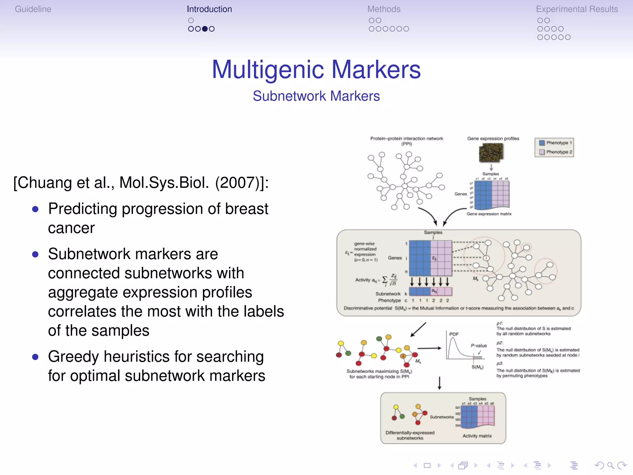 Guideline                 Introduction                   Methods   Experimental Results




                                Multigenic Markers
                                         Subnetwork Markers




[Chuang et al., Mol.Sys.Biol. (2007)]:
    • Predicting progression of breast
      cancer
    • Subnetwork markers are
      connected subnetworks with
      aggregate expression proﬁles
      correlates the most with the labels
      of the samples
    • Greedy heuristics for searching
      for optimal subnetwork markers
 