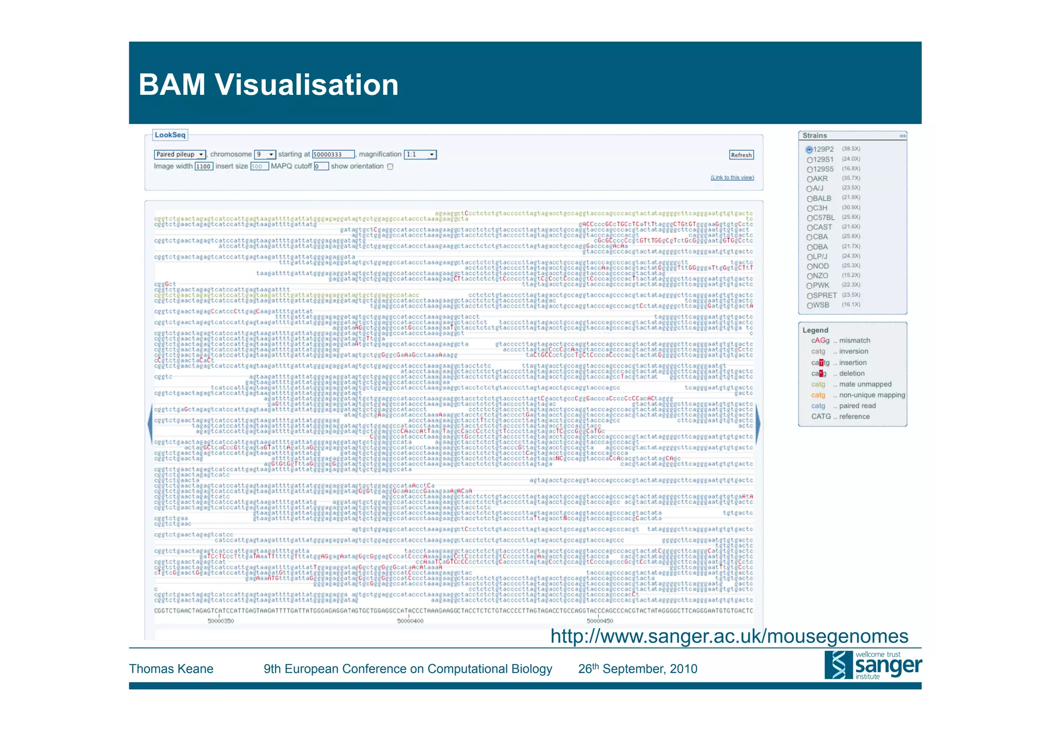 BAM Visualisation




                                                              http://www.sanger.ac.uk/mousegenomes
Thomas Keane   9th European Conference on Computational Biology   26th September, 2010
 