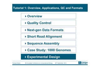 Tutorial 1: Overview, Applications, QC and Formats

                Overview

                Quality Control

                Next-gen Data Formats
                Short Read Alignment

                Sequence Assembly

                Case Study: 1000 Genomes

                Experimental Design
Thomas Keane   9th European Conference on Computational Biology   26th September, 2010
 