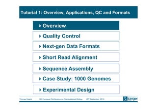 Tutorial 1: Overview, Applications, QC and Formats


                Overview
                Quality Control
                Next-gen Data Formats

                Short Read Alignment

                Sequence Assembly
                Case Study: 1000 Genomes

                Experimental Design
Thomas Keane   9th European Conference on Computational Biology   26th September, 2010
 