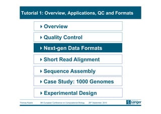 Tutorial 1: Overview, Applications, QC and Formats

                Overview

                Quality Control
                Next-gen Data Formats

                Short Read Alignment

                Sequence Assembly
                Case Study: 1000 Genomes

                Experimental Design
Thomas Keane   9th European Conference on Computational Biology   26th September, 2010
 
