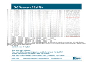 1000 Genomes BAM File




 samtools view –H my.bam

 How is the BAM file sorted?
 How many different sequencing centres contributed lanes to this BAM file?
 What is the alignment tool used to create this BAM file?
 How many different sequencing libraries are there in this BAM? Hint: RG tag

Thomas Keane     9th European Conference on Computational Biology   26th September, 2010
 