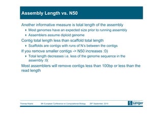 Assembly Length vs. N50

 Another informative measure is total length of the assembly
     Most genomes have an expected size prior to running assembly
     Assemblers assume diploid genome
 Contig total length less than scaffold total length
     Scaffolds are contigs with runs of N’s between the contigs
 If you remove smaller contigs -> N50 increases :0)
     Total length decreases i.e. less of the genome sequence in the
      assembly :0(
 Most assemblers will remove contigs less than 100bp or less than the
 read length




Thomas Keane   9th European Conference on Computational Biology   26th September, 2010
 