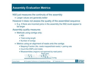 Assembly Evaluation Metrics

 N50 just measures the continuity of the assembly
     Larger values are generally better
 However it does not assess the quality of the assembled sequence
     E.g. if there are incorrect joins in the assembly the N50 could appear to
      be larger
 Assembly quality measures
     Methods using contigs only:
           N50
           Total contig length
           Number of contigs
     Metrics using an alignment of reads onto the contigs
           Mapping Fraction (No. reads mapped/total reads) + pairing rate
           Count the SNPs and indels
           Misassemblies (regions not spanned by read pairs)
                                               Read pairs

                                                                   Contig

Thomas Keane    9th European Conference on Computational Biology    26th September, 2010
 