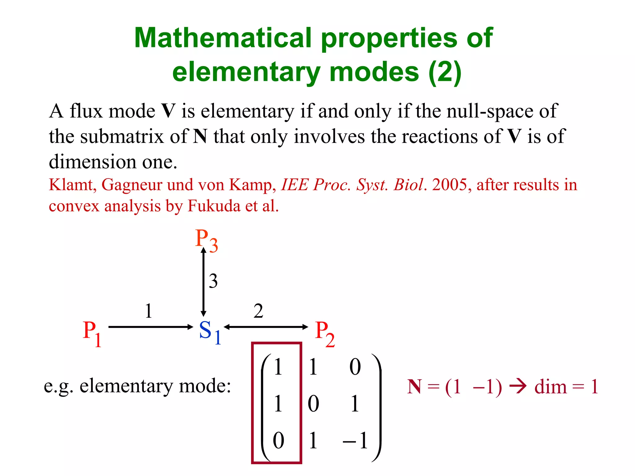 Mathematical properties of
elementary modes (2)
A flux mode V is elementary if and only if the null-space of
the submatrix of N that only involves the reactions of V is of
dimension one.
Klamt, Gagneur und von Kamp, IEE Proc. Syst. Biol. 2005, after results in
convex analysis by Fukuda et al.
P1 P2
P3
1S
1 2
3
e.g. elementary mode:










−110
101
011
N = (1 −1)  dim = 1
 