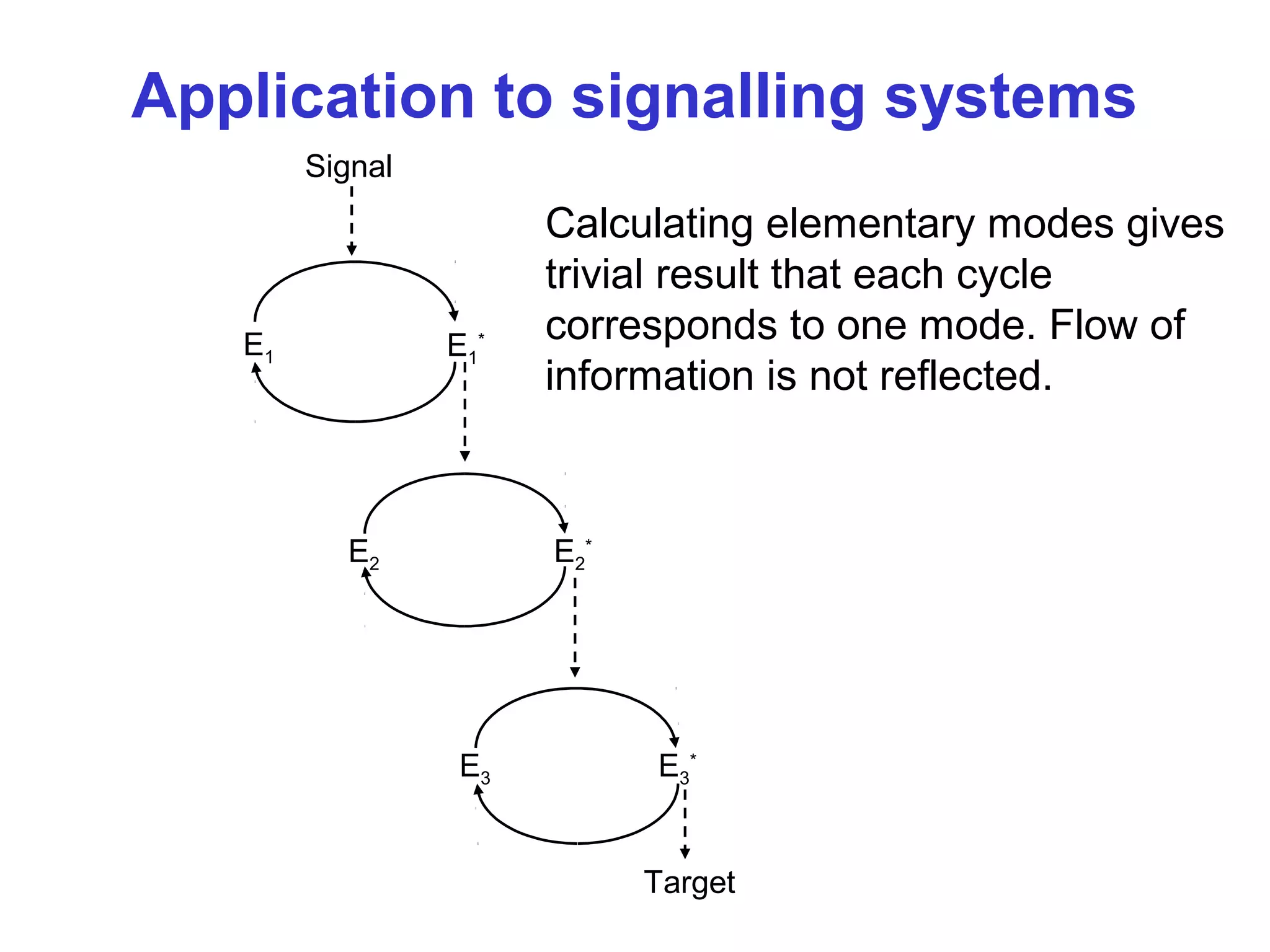 Application to signalling systems
E1 E1
*
E2 E2
*
E3 E3
*
Target
Signal
Calculating elementary modes gives
trivial result that each cycle
corresponds to one mode. Flow of
information is not reflected.
 