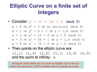 Elliptic Curve on a finite set of
Integers
• Consider y2 = x3 + 2x + 3 (mod 5)
x = 0  y2 = 3  no solution (mod 5)
x = 1  y2 = 6 = 1  y = 1,4 (mod 5)
x = 2  y2 = 15 = 0  y = 0 (mod 5)
x = 3  y2 = 36 = 1  y = 1,4 (mod 5)
x = 4  y2 = 75 = 0  y = 0 (mod 5)
• Then points on the elliptic curve are
(1,1) (1,4) (2,0) (3,1) (3,4) (4,0)
and the point at infinity: 
Using the finite fields we can form an Elliptic Curve Group
where we also have a DLP problem which is harder to solve…
 
