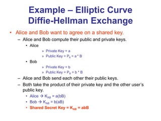 Example – Elliptic Curve
Diffie-Hellman Exchange
• Alice and Bob want to agree on a shared key.
– Alice and Bob compute their public and private keys.
• Alice
» Private Key = a
» Public Key = PA = a * B
• Bob
» Private Key = b
» Public Key = PB = b * B
– Alice and Bob send each other their public keys.
– Both take the product of their private key and the other user’s
public key.
• Alice  KAB = a(bB)
• Bob  KAB = b(aB)
• Shared Secret Key = KAB = abB
 