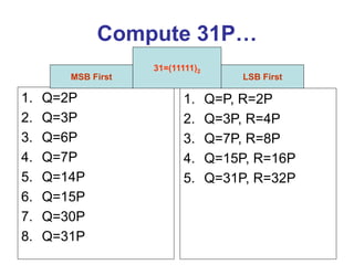 Compute 31P…
1. Q=2P
2. Q=3P
3. Q=6P
4. Q=7P
5. Q=14P
6. Q=15P
7. Q=30P
8. Q=31P
1. Q=P, R=2P
2. Q=3P, R=4P
3. Q=7P, R=8P
4. Q=15P, R=16P
5. Q=31P, R=32P
31=(11111)2
MSB First LSB First
 