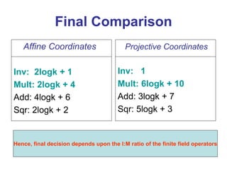 Final Comparison
Affine Coordinates
Inv: 2logk + 1
Mult: 2logk + 4
Add: 4logk + 6
Sqr: 2logk + 2
Projective Coordinates
Inv: 1
Mult: 6logk + 10
Add: 3logk + 7
Sqr: 5logk + 3
Hence, final decision depends upon the I:M ratio of the finite field operators
 