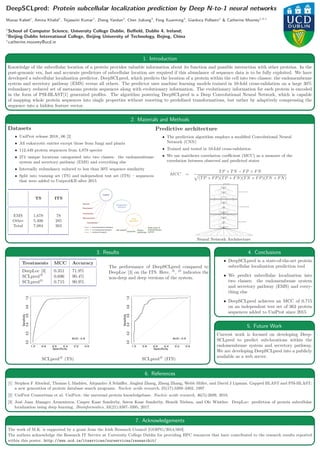 DeepSCLpred: Protein subcellular localization prediction by Deep N-to-1 neural networks
Manaz Kaleel1
, Amina Khalid1
, Tejaswini Kumar1
, Zheng Yandan2
, Chen Jialiang2
, Feng Xuanming2
, Gianluca Pollastri1
& Catherine Mooney1,2,∗
1
School of Computer Science, University College Dublin, Belﬁeld, Dublin 4, Ireland;
2
Beijing-Dublin International College, Beijing University of Technology, Bejing, China
∗
catherine.mooney@ucd.ie
1. Introduction
Knowledge of the subcellular location of a protein provides valuable information about its function and possible interaction with other proteins. In the
post-genomic era, fast and accurate predictors of subcellular location are required if this abundance of sequence data is to be fully exploited. We have
developed a subcellular localization predictor, DeepSCLpred, which predicts the location of a protein within the cell into two classes: the endomembrane
system and secretory pathway (EMS) versus all others. The predictor uses machine learning models trained in 10-fold cross-validation on a large 30%
redundancy reduced set of metazoan protein sequences along with evolutionary information. The evolutionary information for each protein is encoded
in the form of PSI-BLAST[1] generated proﬁles. The algorithm powering DeepSCLpred is a Deep Convolutional Neural Network, which is capable
of mapping whole protein sequences into single properties without resorting to predeﬁned transformations, but rather by adaptively compressing the
sequence into a hidden feature vector.
2. Materials and Methods
Datasets
• UniProt release 2018_06 [2]
• All eukaryotic entries except those from fungi and plants
• 112,449 protein sequences from 4,879 species
• 274 unique locations categorised into two classes: the endomembrane
system and secretory pathway (EMS) and everything else
• Internally redundancy reduced to less than 30% sequence similarity
• Split into training set (TS) and independent test set (ITS) – sequences
that were added to UniprotKB after 2015
Predictive architecture
• The prediction algorithm employs a modiﬁed Convolutional Neural
Network (CNN)
• Trained and tested in 10-fold cross-validation
• We use matthews correlation coeﬃcient (MCC) as a measure of the
correlation between observed and predicted states
MCC =
TP × TN − FP × FN
(TP + FP)(TP + FN)(TN + FP)(TN + FN)
TS ITS
EMS 1,678 78
Other 5,406 285
Total 7,084 363
Pooling
Feature vector
Input convolution
Pooling
Feature vector
N * hidden convolution
Fullly conected network
Output class
Neural Network Architecture
3. Results
Treatments MCC Accuracy
DeepLoc [3] 0.351 71.9%
SCLpredN
0.696 90.4%
SCLpredD
0.715 90.9%
The performance of DeepSCLpred compared to
DeepLoc [3] on the ITS. Here, N
, D
indicates the
non-deep and deep versions of the system.
SCLpredN
(TS) SCLpredN
(ITS)
4. Conclusions
• DeepSCLpred is a state-of-the-art protein
subcellular localization prediction tool
• We predict subcellular localization into
two classes: the endomembrane system
and secretory pathway (EMS) and every-
thing else
• DeepSCLpred achieves an MCC of 0.715
on an independent test set of 363 protein
sequences added to UniProt since 2015
5. Future Work
Current work is focused on developing Deep-
SCLpred to predict sub-locations within the
endomembrane system and secretory pathway.
We are developing DeepSCLpred into a publicly
available as a web server.
6. References
[1] Stephen F Altschul, Thomas L Madden, Alejandro A Schäﬀer, Jinghui Zhang, Zheng Zhang, Webb Miller, and David J Lipman. Gapped BLAST and PSI-BLAST:
a new generation of protein database search programs. Nucleic acids research, 25(17):3389–3402, 1997.
[2] UniProt Consortium et al. UniProt: the universal protein knowledgebase. Nucleic acids research, 46(5):2699, 2018.
[3] José Juan Almagro Armenteros, Casper Kaae Sønderby, Søren Kaae Sønderby, Henrik Nielsen, and Ole Winther. DeepLoc: prediction of protein subcellular
localization using deep learning. Bioinformatics, 33(21):3387–3395, 2017.
7. Acknowledgements
The work of M.K. is supported by a grant from the Irish Research Council [GOIPG/2014/603].
The authors acknowledge the Research IT Service at University College Dublin for providing HPC resources that have contributed to the research results reported
within this poster. http://www.ucd.ie/itservices/ourservices/researchit/
 