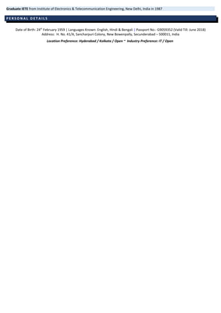 Graduate IETE from Institute of Electronics & Telecommunication Engineering, New Delhi, India in 1987
P E R S O N A L D E T A I L S
Date of Birth: 24th
February 1959 | Languages Known: English, Hindi & Bengali | Passport No.: G9059352 (Valid Till: June 2018)
Address: H. No. 41/A, Sancharpuri Colony, New Bowenpally, Secunderabad – 500011, India
Location Preference: Hyderabad / Kolkata / Open ~ Industry Preference: IT / Open
 