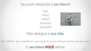 Não delegue a sua vida.
Pai?
Mãe?
Chefe?
Empresa?
Mercado?
Sem ‘mimimi’, sem ‘coitadismo’, quem quer faz, quem não quer arruma uma desculpa.
De quem depende o seu futuro?
O seu futuro VOCÊ define.
 