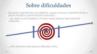 Sobre dificuldades
• Quando a gente tem um objetivo, quase nunca o caminho entre o
ponto inicial e o ponto final é uma reta...
• ...às vezes é uma espiral, e muitas vezes parece que estamos
voltando...
• ...mas estamos indo para a direção certa.
23
 