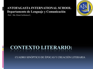 CONTEXTO LITERARIO: ANTOFAGASTA INTERNATIONAL SCHOOL Departamento de Lenguaje y Comunicación Prof. : Ma. Elena Curihuinca C, CUADRO SINÓPTICO DE ÉPOCAS Y CREACIÓN LITERARIA 