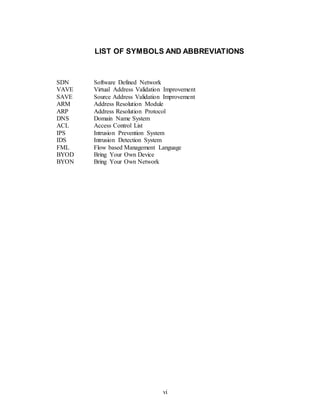 vi
LIST OF SYMBOLS AND ABBREVIATIONS
SDN Software Defined Network
VAVE Virtual Address Validation Improvement
SAVE Source Address Validation Improvement
ARM Address Resolution Module
ARP Address Resolution Protocol
DNS Domain Name System
ACL Access Control List
IPS Intrusion Prevention System
IDS Intrusion Detection System
FML Flow based Management Language
BYOD Bring Your Own Device
BYON Bring Your Own Network
 