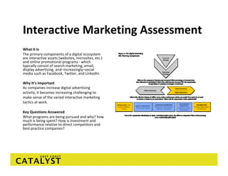 Interactive Marketing Assessment
What It Is
The primary components of a digital ecosystem 
are interactive assets (websites, microsites, etc.) 
and online promotional programs ‐ which 
typically consist of search marketing, email, 
display advertising, and–increasingly–social 
media such as Facebook, Twitter, and LinkedIn. 

Why It’s Important
As companies increase digital advertising 
activity, it becomes increasing challenging to 
make sense of the varied interactive marketing 
tactics at work. 

Key Questions Answered
What programs are being pursued and why? how 
much is being spent? How is investment and 
performance relative to direct competitors and 
best practice companies? 
 