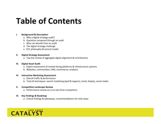 Table of Contents
I.     Background & Description
        a. Why a digital strategy audit? 
        b. Questions answered through an audit
        c. Who can benefit from an audit
        d. The digital strategy challenge
        e. ECC philosophy & tactical model

II.    Digital Strategy Assessment
        a. Top‐line review of aggregate digital alignment & contributions

III.   Digital Asset Audit
        a. Expert assessment of market‐facing platforms & infrastructure systems
        b. Websites, communities, CMS, ecommerce, analytics

IV.    Interactive Marketing Assessment
         a. Overall traffic & performance
         b. Tools & techniques: search marketing (paid & organic), email, display, social media

V.     Competitive Landscape Review
        a. Performance review vis‐à‐vis top three competitors

VI.    Key Findings & Roadmap
        a. Critical findings & takeaways; recommendations for next steps
 