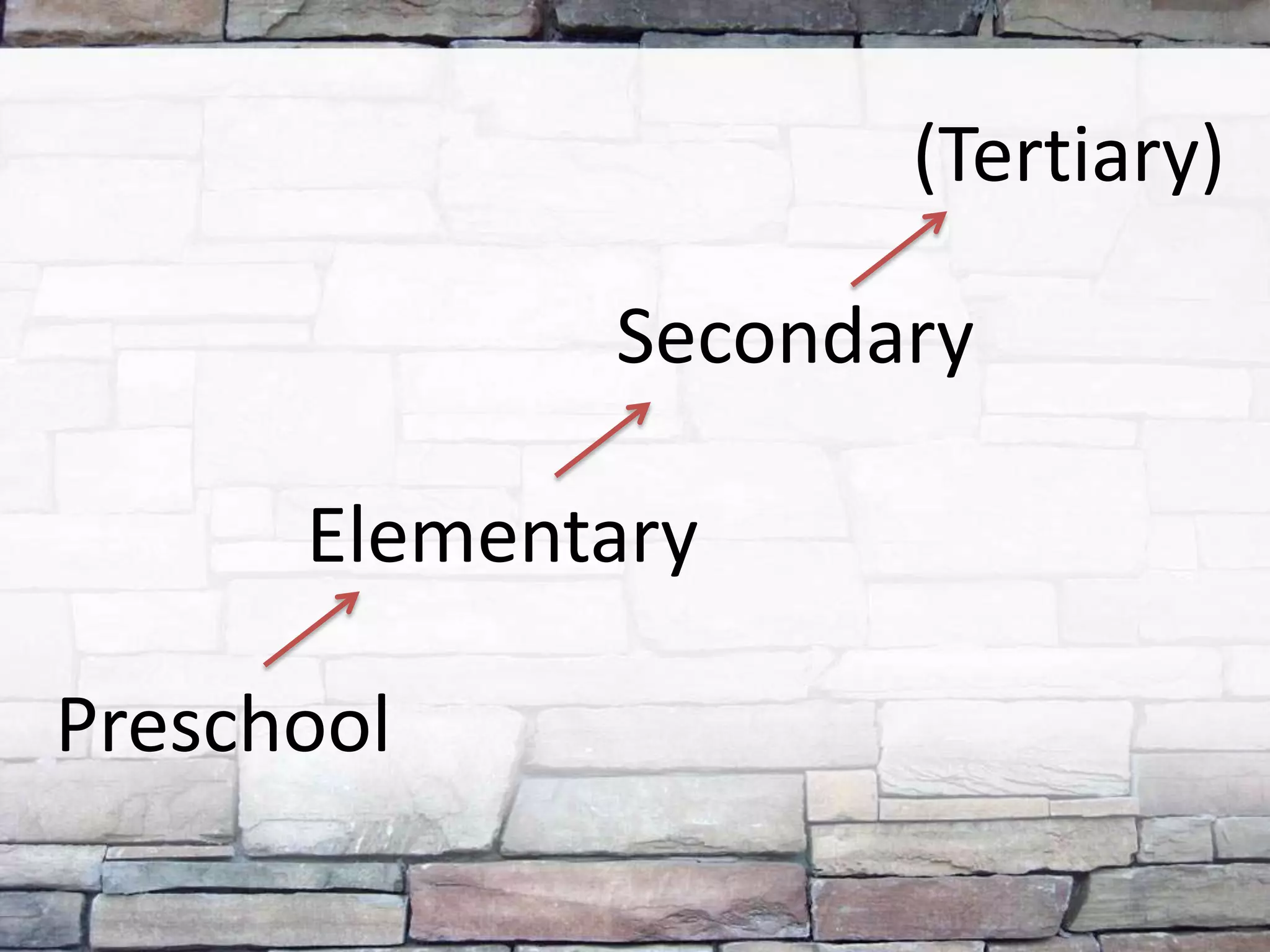 Preschool
Elementary
Secondary
(Tertiary)
 