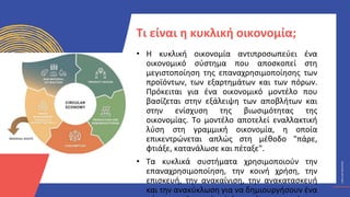 ΚΥΚΛΙΚΟΊ
ΔΗΜΙΟΥΡΓΟΊ
CIRCULAR
CREATIVES
• Η κυκλική οικονομία αντιπροσωπεύει ένα
οικονομικό σύστημα που αποσκοπεί στη
μεγιστοποίηση της επαναχρησιμοποίησης των
προϊόντων, των εξαρτημάτων και των πόρων.
Πρόκειται για ένα οικονομικό μοντέλο που
βασίζεται στην εξάλειψη των αποβλήτων και
στην ενίσχυση της βιωσιμότητας της
οικονομίας. Το μοντέλο αποτελεί εναλλακτική
λύση στη γραμμική οικονομία, η οποία
επικεντρώνεται απλώς στη μέθοδο "πάρε,
φτιάξε, κατανάλωσε και πέταξε".
• Τα κυκλικά συστήματα χρησιμοποιούν την
επαναχρησιμοποίηση, την κοινή χρήση, την
επισκευή, την ανακαίνιση, την ανακατασκευή
και την ανακύκλωση για να δημιουργήσουν ένα
Τι είναι η κυκλική οικονομία;
 